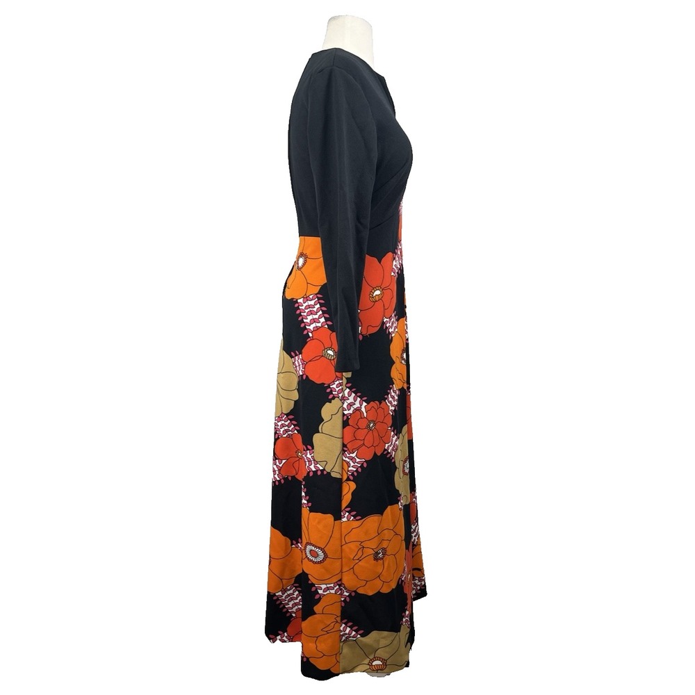 Vintage 70s Sears Psychedelic Maxi Dress Small Medium Floral Black Red Orange - Picture 3 of 8